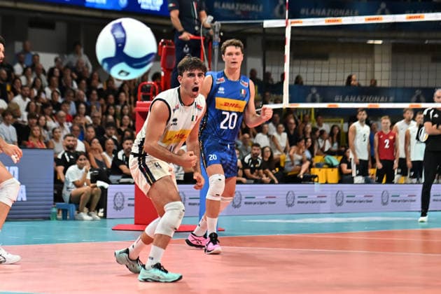 Italy v Germany - International Friendly, Länderspiel, Nationalmannschaft Match Gabriele Laurenzano of Italy spikes the ball during the international friendly match between Italy and Germany at PalaCalafiore in Reggio Calabria, Italy, on August 26, 2026. Reggio Calabria Italy  Copyright: xAndreaxRositox originalFilename:rosito-notitle260826_nprrL.jpg
