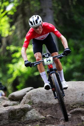 2026 UCI Mountain Bike World Championships Picture by Ed Sykes SWpix.com - 27 08 2026 - Cycling - 2026 UCI Mountain Bike World Championships - Val di Sole, Trentino, Italy - Cross-country Olympic (XCO) - Men Junior - Evan Moore (Canada) Copyright: x xSWpix.comx(t axPhotographyxHubxLtd)xEdxSykes SWpix.comx SWP-3030-19851