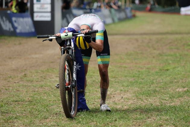 27.08.2026, Daolasa di Commezzadura, Val di Sole Bikeland, 2026 UCI MTB World Championship, WM, Weltmeisterschaft Men Junior s XCO (Cross Country Olympic) Connor Wright 3 (AUS) celebrating his solo victory at the finish line of the Men s Junior Cross-Country Olympic World Championship Daolasa di Commezzadura Val di Sole Bikeland Trento Italy Copyright: xJustPictures.ch FrancescoxMinghettix jp-en-FrMi-MNG_0311