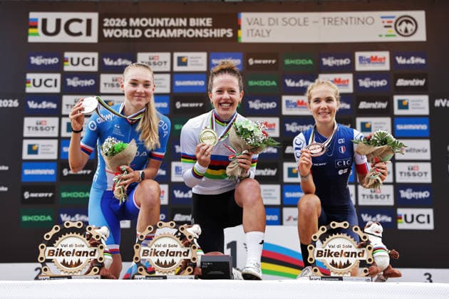 2026 UCI Mountain Bike World Championships Picture by Alex Whitehead SWpix.com - 27 08 2026 - Cycling - 2026 UCI Mountain Bike World Championships - Val di Sole, Trentino, Italy - Cross-country Olympic (XCO) - Women Junior Podium - Anja Grossmann (Switzerland) wins the Gold Medal to become World Champion with Barbora Bukovska (Czechia) receiving the Silver Medal and Agathe Vauchamp (France) receiving the Bronze Medal Copyright: x xSWpix.comx(t axPhotographyxHubxLtd)xAlexxWhitehead SWpix.comx SWP-3030-19933