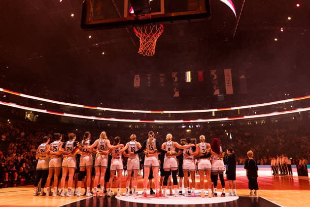 COLOGNE, GERMANY - AUGUST 27: The german womens team during the national anthem a friendly match between Germany vs. Tuerkiye at Lanxess arena on August 27, 2026 in Cologne, Germany. North Rhine Westphalia Germany Copyright: xSteffiexWunderlx