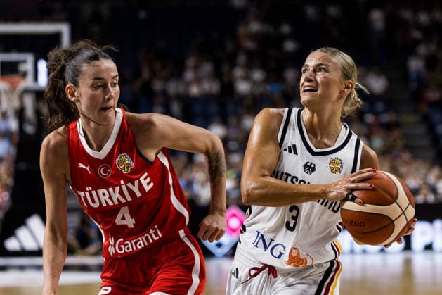 COLOGNE, GERMANY - AUGUST 27: Alexandra Wilke (Germany, 3) controls the ball against Olcay Cakir Turgut (Tuerkiye, 4) during a friendly match between Germany vs. Tuerkiye at Lanxess arena on August 27, 2026 in Cologne, Germany. North Rhine Westphalia Germany Copyright: xSteffiexWunderlx
