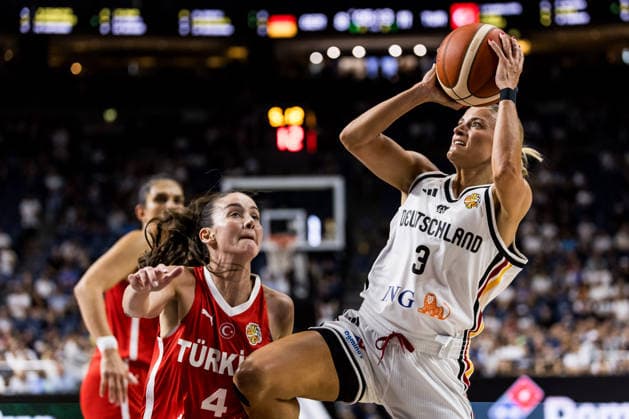 COLOGNE, GERMANY - AUGUST 27: Alexandra Wilke (Germany, 3) shooting the ball against Olcay Cakir Turgut (Tuerkiye, 4) during a friendly match between Germany vs. Tuerkiye at Lanxess arena on August 27, 2026 in Cologne, Germany. North Rhine Westphalia Germany Copyright: xSteffiexWunderlx
