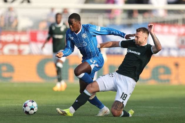 Martin Cedidla of Jablonec fouls Djeidi Gassama of Rangers during the UEFA Conference League playoff round second leg match at Chance Arena, Jablonec. FK Jablonec v Rangers - UEFA Conference League - Chance Arena, Lanarkshire, Czech - 27 Aug 2026Jablonec Chance Arena Lanarkshire United Kingdom EDITORIAL USE ONLY  Copyright: xRangersxFC Shutterstockx 17121645bh