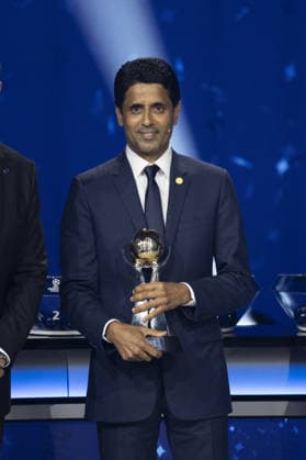 UEFA Champions League 2026 27 league phase draw in Monaco MONACO, MONACO - AUGUST 27: Paris Saint Germain s Qatari president Nasser al-Khelaifi receives an award from UEFA President Aleksander Ceferin (not seen) during the draw ceremony for the league phase of the 2026-2027 UEFA Champions League football tournament at the Grimaldi Forum in the Principality of Monaco on August 27, 2026. Mustafa Yalcin Anadolu Monaco Monaco. Editorial use only. Please get in touch for any other usage.  Copyright: x2026xAnadoluxMustafaxYalcinx