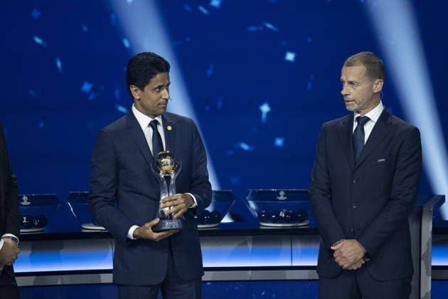 UEFA Champions League 2026 27 league phase draw in Monaco MONACO, MONACO - AUGUST 27: Paris Saint Germain s Qatari president Nasser al-Khelaifi (L) receives an award from UEFA President Aleksander Ceferin (R) during the draw ceremony for the league phase of the 2026-2027 UEFA Champions League football tournament at the Grimaldi Forum in the Principality of Monaco on August 27, 2026. Mustafa Yalcin Anadolu Monaco Monaco. Editorial use only. Please get in touch for any other usage.  Copyright: x2026xAnadoluxMustafaxYalcinx