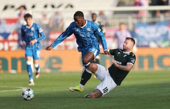 Djeidi Gassama of Rangers is fouled by Martin Cedidla of Jablonec during the UEFA Conference League playoff round second leg match at Chance Arena, Jablonec. FK Jablonec v Rangers - UEFA Conference League - Chance Arena, Lanarkshire, Czech - 27 Aug 2026Jablonec Chance Arena Lanarkshire United Kingdom EDITORIAL USE ONLY  Copyright: xRangersxFC Shutterstockx 17121645bp