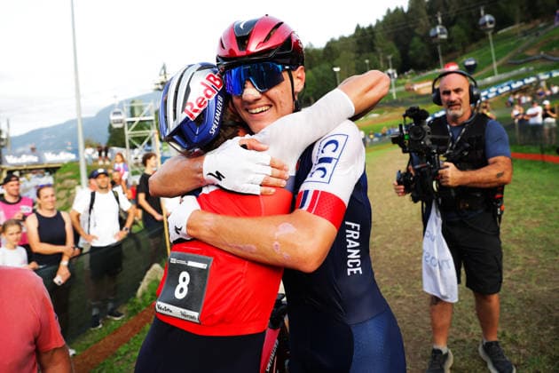 2026 UCI Mountain Bike World Championships Picture by Ed Sykes SWpix.com - 27 08 2026 - Cycling - 2026 UCI Mountain Bike World Championships - Val di Sole, Trentino, Italy - Cross-country Short Track (XCC) - Men Elite - Adrien Yves Claude Boichis (France) wins to become World Champion and celebrates with Martin Vidaurre Kossmann (Chile) Copyright: x xSWpix.comx(t axPhotographyxHubxLtd)xEdxSykes SWpix.comx SWP-3030-20204