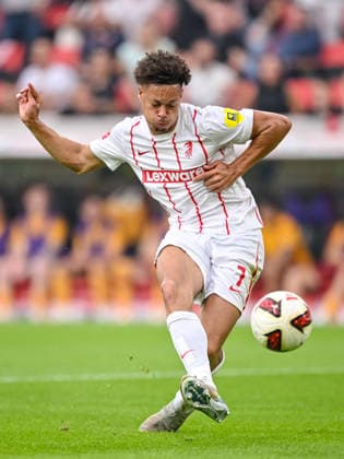Derry Scherhant (SC Freiburg) scores his team s first goal during the UEFA Conference League 2026 27 Play Off Round Second Leg match between Club Freiburg and Motherwell at Stadion am Wolfswinkel on August 27, 2026 in Freiburg, Germany. (Photo by Harry Langer DeFodi Images) -
