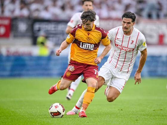 Joe Hodge (Motherwell FC) and Igor MatanoviÄ‡ (SC Freiburg) battle for the ball during the UEFA Conference League 2026 27 Play Off Round Second Leg match between Club Freiburg and Motherwell at Stadion am Wolfswinkel on August 27, 2026 in Freiburg, Germany. (Photo by Harry Langer DeFodi Images) -