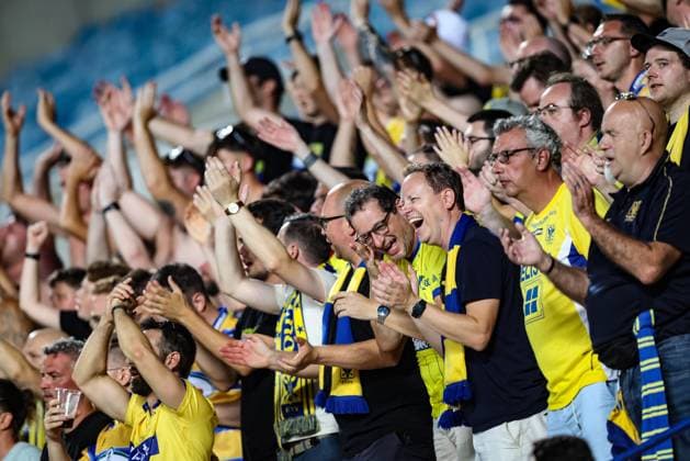 STVV s supporters are pictured during a soccer game between Cypriot AC Omonia Nicosia and Belgian soccer team Sint-Truidense V.V., Thursday 27 August 2026 in Nicosie, Cyprus, on the return leg of the play-off round for the UEFA Europa League league phase. STVV won the first leg 1-0. BRUNOxFAHY  x184500741x