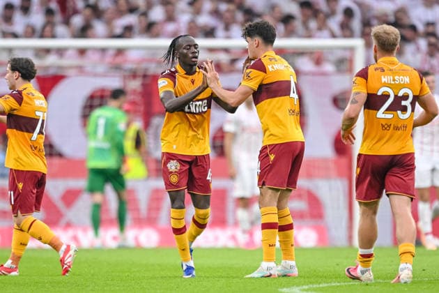 Emmanuel Longelo (Motherwell FC) celebrates after scoring his team s first goal with teammates during the UEFA Conference League 2026 27 Play Off Round Second Leg match between Club Freiburg and Motherwell at Stadion am Wolfswinkel on August 27, 2026 in Freiburg, Germany. (Photo by Harry Langer DeFodi Images) -