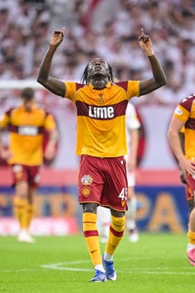 Emmanuel Longelo (Motherwell FC) celebrates after scoring his team s first goal during the UEFA Conference League 2026 27 Play Off Round Second Leg match between Club Freiburg and Motherwell at Stadion am Wolfswinkel on August 27, 2026 in Freiburg, Germany. (Photo by Harry Langer DeFodi Images) -