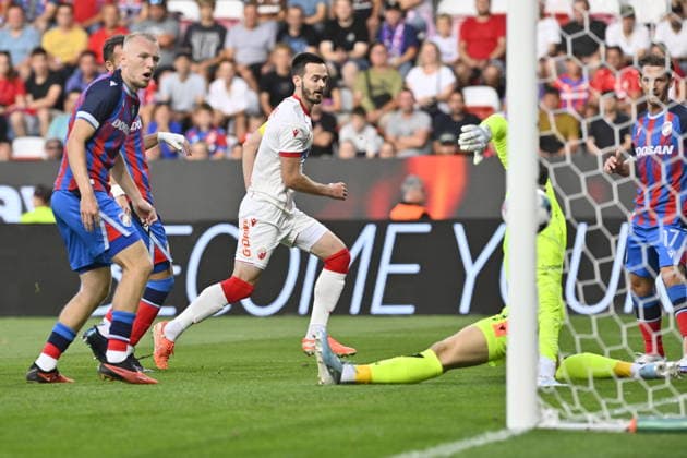 Football Europa League second leg of the fourth qualifying round match. Viktoria Plzen vs Crvena Zvezda Belgrade in Pilsen, Czech Republic, August 27, 2026. Mirko Ivanic of Crvena zvezda Belgrade scores. (CTKxPhoto MiroslavxChaloupka) CTKPhotoP2026082707355  CTKPhotoP2026082707355