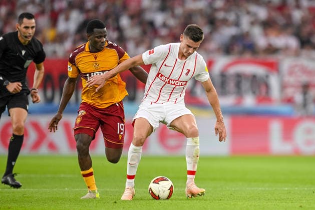 Ibrahim Said (Motherwell FC) and Yannik Engelhardt (SC Freiburg) battle for the ball during the UEFA Conference League 2026 27 Play Off Round Second Leg match between Club Freiburg and Motherwell at Stadion am Wolfswinkel on August 27, 2026 in Freiburg, Germany. (Photo by Harry Langer DeFodi Images) -