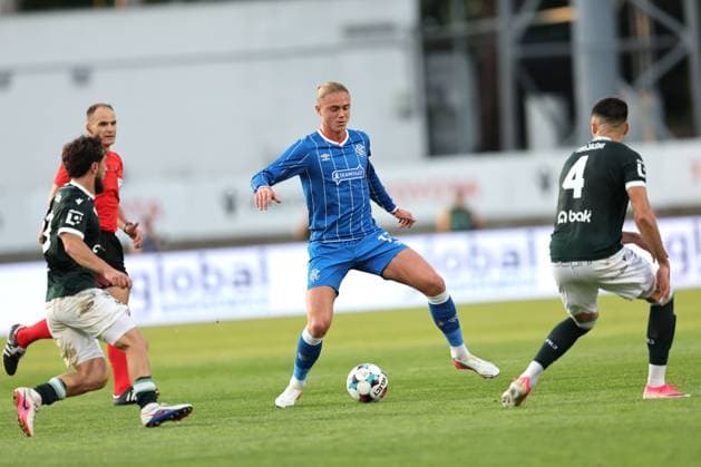 Thelo Aasgaard of Rangers on the ball during UEFA Conference League playoff round second leg match at Chance Arena, Jablonec. FK Jablonec v Rangers - UEFA Conference League - Chance Arena, Czech - 27 Aug 2026Jablonec Chance Arena Czech Republic EDITORIAL USE ONLY  Copyright: xRangersxFC Shutterstockx 17121543av
