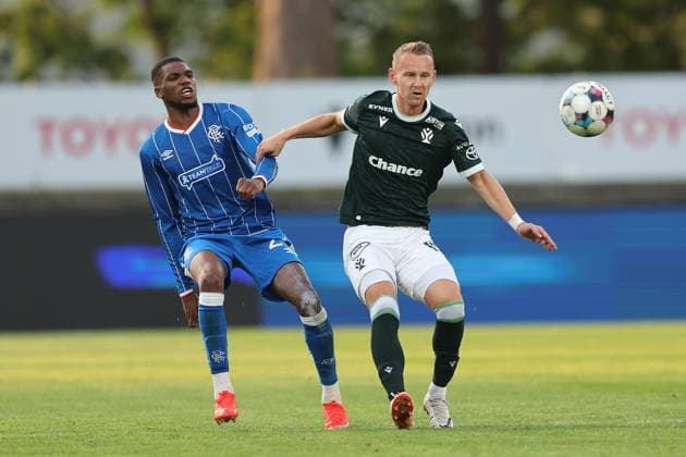 Dujon Sterling of Rangers battles for the ball with Jan Chramosta of Jablonec during UEFA Conference League playoff round second leg match at Chance Arena, Jablonec. FK Jablonec v Rangers - UEFA Conference League - Chance Arena, Czech - 27 Aug 2026Jablonec Chance Arena Czech Republic EDITORIAL USE ONLY  Copyright: xRangersxFC Shutterstockx 17121543az