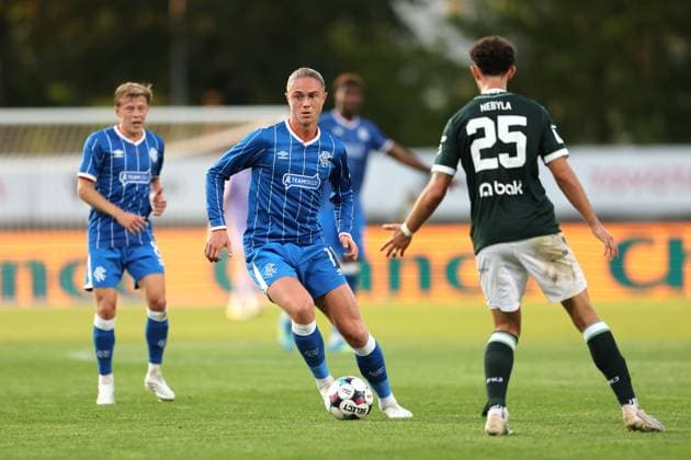Thelo Aasgaard of Rangers and Sebastian Nebyla of Jablonec during UEFA Conference League playoff round second leg match at Chance Arena, Jablonec. FK Jablonec v Rangers - UEFA Conference League - Chance Arena, Czech - 27 Aug 2026Jablonec Chance Arena Czech Republic EDITORIAL USE ONLY  Copyright: xRangersxFC Shutterstockx 17121543ba