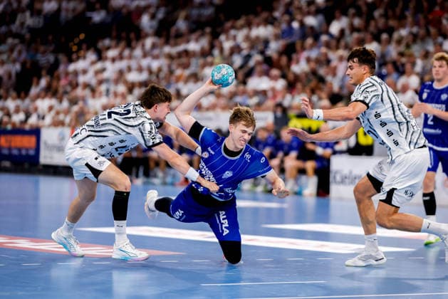 Kiel, 27. August 2026 - Handball, 1. Bundesliga 2026 27, THW Kiel - TBV Lemgo Lippe: Rasmus Ankermann (THW Kiel, 22), Janis Pavels Valkovskis (TBV Lemgo Lippe, 26), Julian Köster (THW Kiel, 7)
