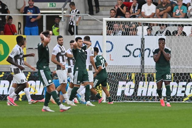 Football Conference League second leg of 4th qualifying round match: FC Hradec Kralove vs Panathinaikos Athens in Hradec Kralove, Czech Republic, August 27, 2026. From right disappointed Levi Garcia of Panathinaikos Athens. (CTKxPhoto JosefxVostarek) CTKPhotoP2026082707590  CTKPhotoP2026082707590