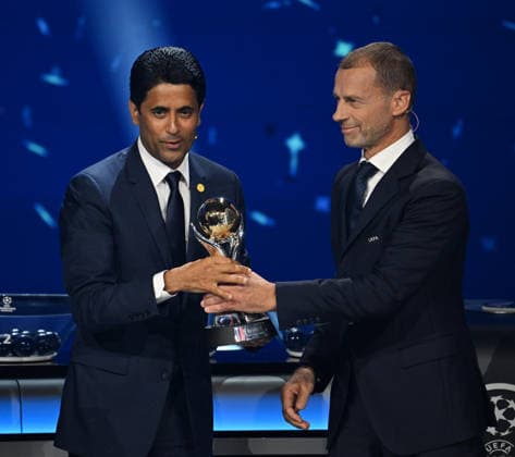 UEFA Champions League 2026 27 league phase draw in Monaco MONACO, MONACO - AUGUST 27: Paris Saint-Germain President Nasser al-Khelaifi (L) speaks after receiving an award from UEFA President Aleksander Ceferin (R) during the draw ceremony for the league phase of the 2026-27 UEFA Champions League soccer tournament at the Grimaldi Forum in Monaco. on August 27, 2026. Mustafa Yalcin Anadolu Monaco Monaco. Editorial use only. Please get in touch for any other usage.  Copyright: x2026xAnadoluxMustafaxYalcinx