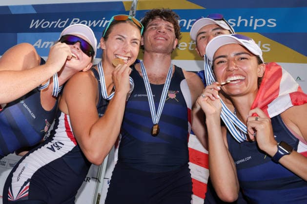 RECORD DATE NOT STATED 27th August 2026; Bosbaan, Amsterdam, Holland, Netherlands; 2026 World Rowing Championships, Day Four; the medal ceremony; United States PR3 Mixed Coxed Four (PR3 Mix4+) with Gabriella Bigler, Skylar Dahl, Maxwell Allemeier and Alex Flynn, coxed by Hannah Diaz gold medallists AnthonyxBenoit