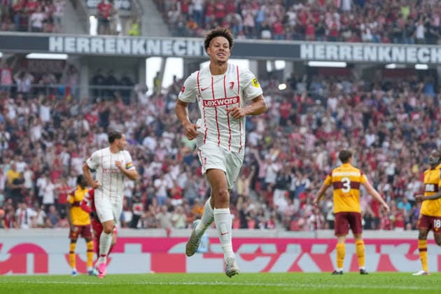 Derry Scherhant (SC Freiburg, 07) Torjubel, Emotionen, Torschuss, Abschluss, Torerfolg, Tor, Treffer , Deutschland, Fussball, UEFA Conference League, Play-offs, Rückspiel, 2026 2027, SC Freiburg vs. Motherwell FC, 27.08.2026, Europa-Park Stadion, Freiburg Freiburg Europa-Park Stadion Baden-Württemberg Deutschland Copyright: xArnexAmbergx
