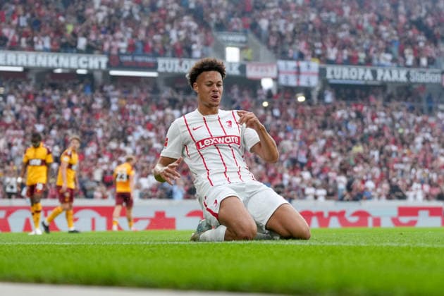 Derry Scherhant (SC Freiburg, 07) Torjubel, Emotionen, Torschuss, Abschluss, Torerfolg, Tor, Treffer , Deutschland, Fussball, UEFA Conference League, Play-offs, Rückspiel, 2026 2027, SC Freiburg vs. Motherwell FC, 27.08.2026, Europa-Park Stadion, Freiburg Freiburg Europa-Park Stadion Baden-Württemberg Deutschland Copyright: xArnexAmbergx