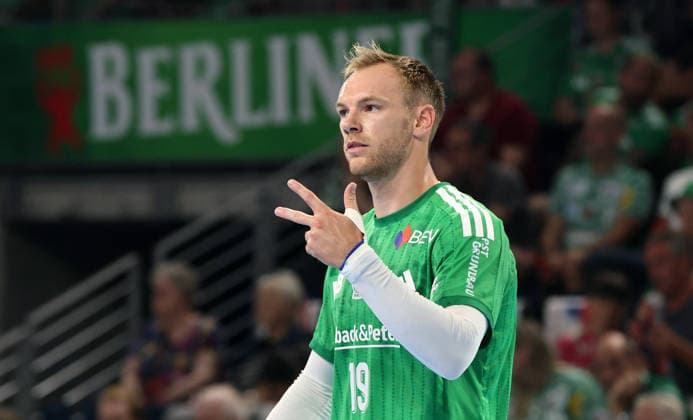Mathias Gidsel zeigend, gestikulierend Aktion Oberkörper Handball HBL Bundesliga Herren 1. Spieltag Saison 2026 2027 27.08.2026 Füchse Berlin vs MT Melsungen