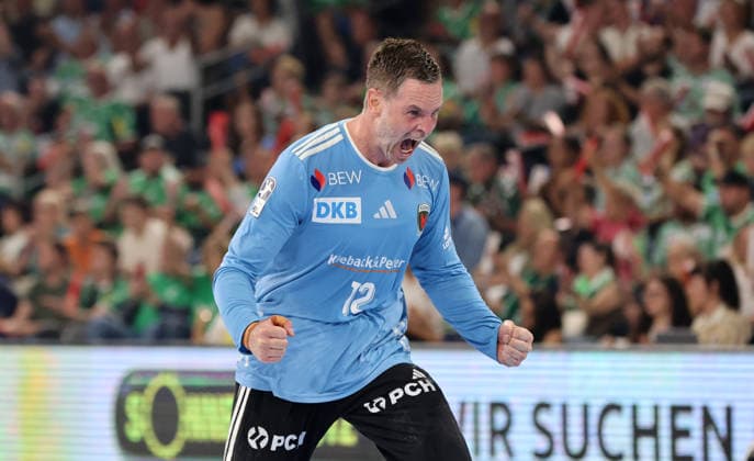 Torwart Andreas Palicka jubelt nach Parade Freude Emotion Jubel Handball HBL Bundesliga Herren 1. Spieltag Saison 2026 2027 27.08.2026 Füchse Berlin vs MT Melsungen
