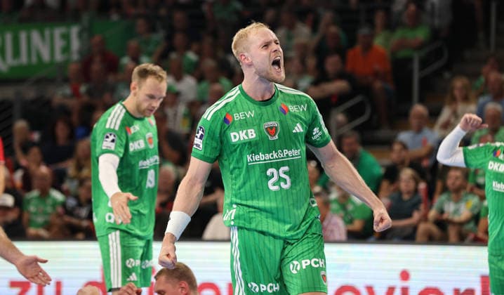 Matthes Langhoff jubelt Freude Emotion Jubel Handball HBL Bundesliga Herren 1. Spieltag Saison 2026 2027 27.08.2026 Füchse Berlin vs MT Melsungen