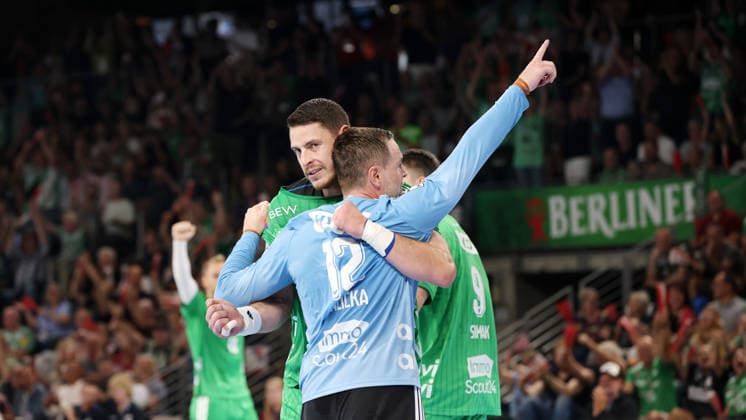 Torwart Andreas Palicka jubelt nach erstem BL Tor Freude Emotion Handball HBL Bundesliga Herren 1. Spieltag Saison 2026 2027 27.08.2026 Füchse Berlin vs MT Melsungen