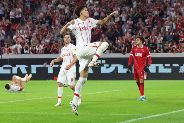 27.08.2026, xrekx, Fussball Conference League Quali, SC Freiburg - FC Motherwell v.l. Torjubel nach dem Tor zum celebrating the goal celebrate 4:1 durch Keisuke Goto (SC Freiburg) Freiburg