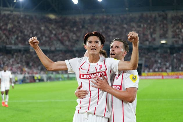 Keisuke Goto (SC Freiburg, 42), Lucas Höler Lucas Hoeler (SC Freiburg, 09) Torjubel, Emotionen, Torschuss, Abschluss, Torerfolg, Tor, Treffer , Deutschland, Fussball, UEFA Conference League, Play-offs, Rückspiel, 2026 2027, SC Freiburg vs. Motherwell FC, 27.08.2026, Europa-Park Stadion, Freiburg Freiburg Europa-Park Stadion Baden-Württemberg Deutschland Copyright: xArnexAmbergx