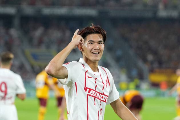 Keisuke Goto (SC Freiburg, 42) Torjubel, Emotionen, Torschuss, Abschluss, Torerfolg, Tor, Treffer , Deutschland, Fussball, UEFA Conference League, Play-offs, Rückspiel, 2026 2027, SC Freiburg vs. Motherwell FC, 27.08.2026, Europa-Park Stadion, Freiburg Freiburg Europa-Park Stadion Baden-Württemberg Deutschland Copyright: xArnexAmbergx