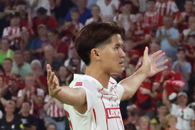 27.08.2026, xrekx, Fussball Conference League Quali, SC Freiburg - FC Motherwell v.l. Torjubel nach dem Tor zum celebrating the goal celebrate 4:1 durch Keisuke Goto (SC Freiburg) Freiburg