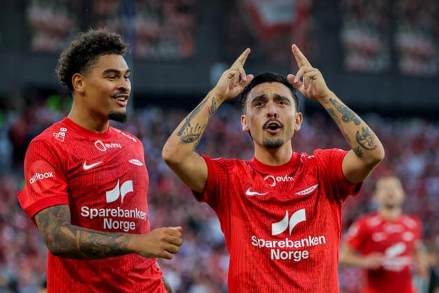 UEFA Conference League Qualification 2026: Brann vs. PAOK, Bergen, August 27, 2026. Brann’s Niklas Castro celebrates his 3-2 goal during the Conference League playoff match between SK Brann and PAOK at Brann Stadium. Photo by Paul S. Amundsen, NTB, Bergen, Norway. EDITORIAL USE ONLY RESTRICTED USE FOR BETTING COMPANIES  Copyright: xPaulxS.xAmundsenx xNTBx
