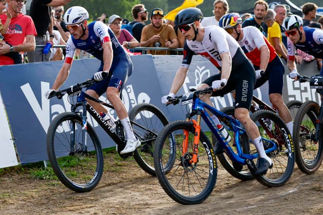 TRENTO, ITALY - AUGUST 27: Mathis Azzaro from France L) and Dario Lillo from Switzerland R) in action during the Uci Mountainbike World Championship, WM, Weltmeisterschaft - Men Elite Cross-County Short Track World Championships at Val di Sole on August 27, 2026 in Trento, Italy. Copyright: xJustPictures.ch FrancescoxMinghettix jp-en-EuSpIm-JP6_FRM_UCIWC_MenShort_27_Aug_00006
