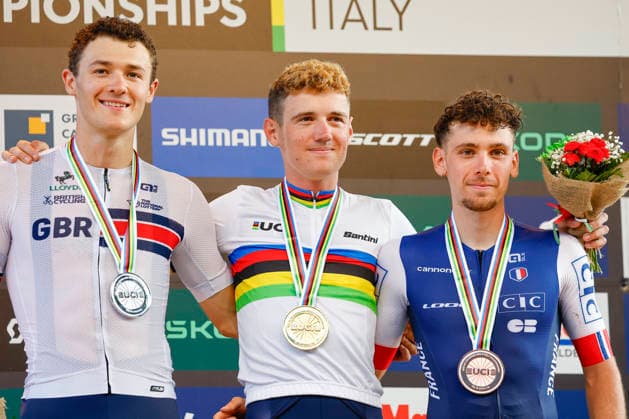 TRENTO, ITALY - AUGUST 27: L-R): Charlie Aldridge from Great Britain Silver medalist, Adrien Yves Claude Boichis from France Gold Medalist and WC, Luca Martin from France Bronze medalistduring the Uci Mountainbike World Championship, WM, Weltmeisterschaft - Men Elite Cross-County Short Track World Championships at Val di Sole on August 27, 2026 in Trento, Italy. Copyright: xJustPictures.ch FrancescoxMinghettix jp-en-EuSpIm-_NG_0394