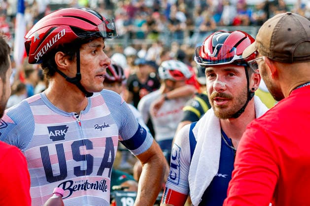 TRENTO, ITALY - AUGUST 27: Christopher Blevins from the United States of America L) talking with Victor Koretzky from France C) after the Uci Mountainbike World Championship, WM, Weltmeisterschaft - Men Elite Cross-County Short Track World Championships at Val di Sole on August 27, 2026 in Trento, Italy. Copyright: xJustPictures.ch FrancescoxMinghettix jp-en-EuSpIm-JP6_FRM_UCIWC_MenShort_27_Aug_00021