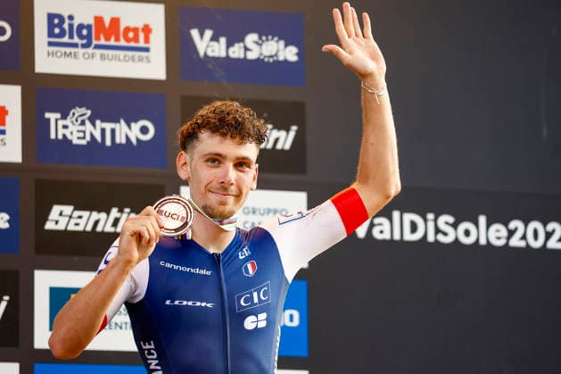 TRENTO, ITALY - AUGUST 27: Luca Martin from France won the bronze medal during the Uci Mountainbike World Championship, WM, Weltmeisterschaft - Men Elite Cross-County Short Track World Championships at Val di Sole on August 27, 2026 in Trento, Italy. Copyright: xJustPictures.ch FrancescoxMinghettix jp-en-EuSpIm-_NG_0314