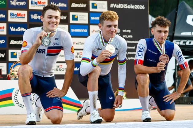 TRENTO, ITALY - AUGUST 27: L-R): Charlie Aldridge from Great Britain Silver medalist, Adrien Yves Claude Boichis from France Gold Medalist and WC, Luca Martin from France Bronze medalistduring the Uci Mountainbike World Championship, WM, Weltmeisterschaft - Men Elite Cross-County Short Track World Championships at Val di Sole on August 27, 2026 in Trento, Italy. Copyright: xJustPictures.ch FrancescoxMinghettix jp-en-EuSpIm-_NG_0401
