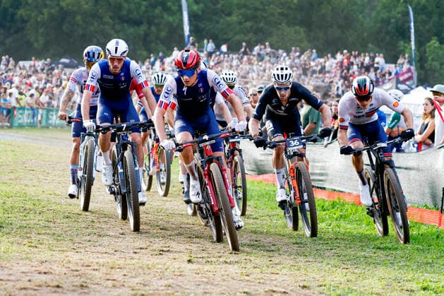 TRENTO, ITALY - AUGUST 27: Adrien Yves Claude Boichis from France 3rd L) lead the race during the Uci Mountainbike World Championship, WM, Weltmeisterschaft - Men Elite Cross-County Short Track World Championships at Val di Sole on August 27, 2026 in Trento, Italy. Copyright: xJustPictures.ch FrancescoxMinghettix jp-en-EuSpIm-JP6_FRM_UCIWC_MenShort_27_Aug_00007