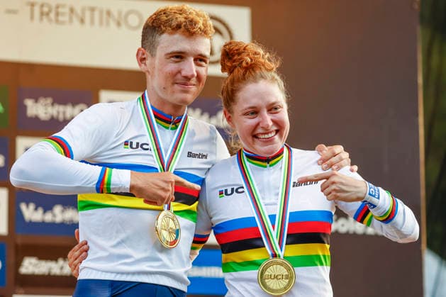 TRENTO, ITALY - AUGUST 27: Adrien Yves Claude Boichis from France and Laura Stigger from Austria are the new World champions and celebrates their gold medal after medal ceremony during the Uci Mountainbike World Championship, WM, Weltmeisterschaft - Men Elite Cross-County Short Track World Championships at Val di Sole on August 27, 2026 in Trento, Italy. Copyright: xJustPictures.ch FrancescoxMinghettix jp-en-EuSpIm-_NG_0428