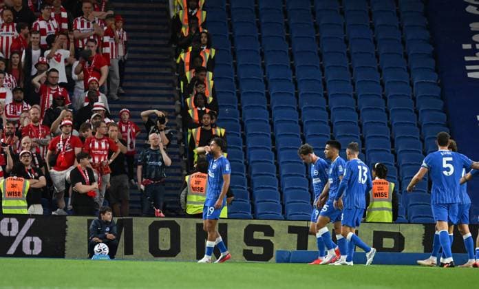 Charalampos Kostoulas of Brighton celebrates after giving Brighton a one nil lead during the Europa Conference League Qualifying match between Brighton and Hove Albion and Tromso at the American Express Stadium, Brighton UK - Thursday 27th August 2026 Brighton v Tromso Europa Conference League 2026, Amex Stadium, Sussex, UK - 27 Aug 2026Brighton Amex Stadium Sussex United Kingdom Editorial use only. No merchandising. For Football images FA and Premier League restrictions apply inc. no internet mobile usage without FAPL license - for details contact Football Dataco  Copyright: xLizxFinlayson TPI Shutterstockx 17121964af