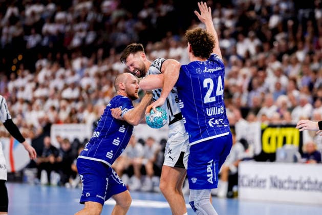Kiel, 27. August 2026 - Handball, 1. Bundesliga 2026 27, THW Kiel - TBV Lemgo Lippe: Christian O™Sullivan (TBV Lemgo Lippe, 9), Harald Reinkind (THW Kiel, 6), Joel Willecke (TBV Lemgo Lippe, 24)