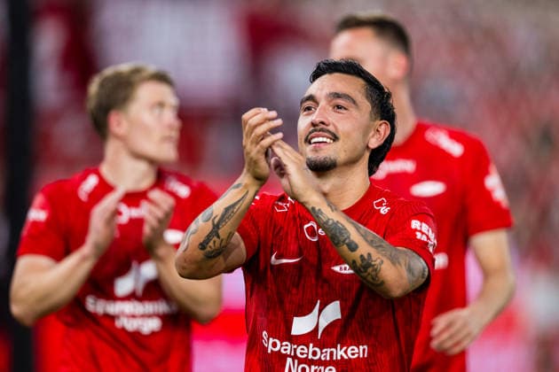 260827 Niklas Castro of Brann celebrates after the UEFA Conference League play-off match between Brann and PAOK on August 27, 2026 in Bergen. Photo: Marius Simensen BILDBYRAN COP 238 bbeng brann football fotball fotboll paok play-off skb soccer uecl uefa conference league Copyright: MARIUSxSIMENSEN BB260827BB971