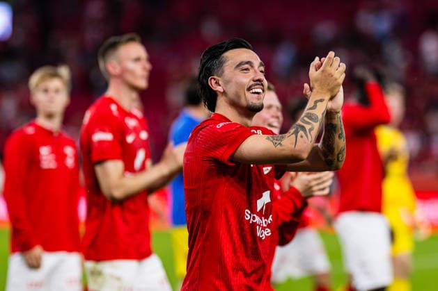 260827 Niklas Castro of Brann celebrates after the UEFA Conference League play-off match between Brann and PAOK on August 27, 2026 in Bergen. Photo: Marius Simensen BILDBYRAN COP 238 bbeng brann football fotball fotboll paok play-off skb soccer uecl uefa conference league Copyright: MARIUSxSIMENSEN BB260827BB973