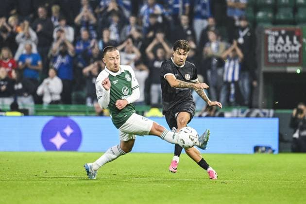 Hibernian s Felix Passlack and Gent s Filipe Alves Tiago pictured in action during a soccer game between Scottish team Hibernian FC and Belgian soccer team KAA Gent, Thursday 27 August 2026 in Edinburgh, on the return leg of the play-off round for the UEFA Conference League league phase. TOMxGOYVAERT  x184509331x