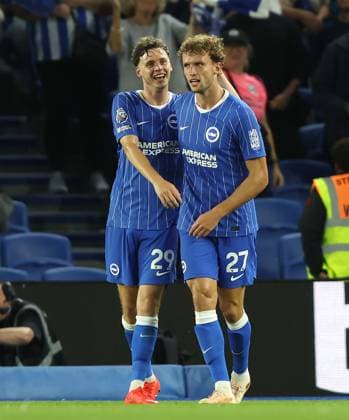UEFA Conference League Qualification Play Off 2nd Leg - Brighton & Hove Albion v Tromso BRIGHTON, ENGLAND, AUGUST 27: GOAL 3-0, Mats Wieffer of Brighton & Hove Albion goal celebration with Maxim De Cuyper of Brighton & Hove Albion after scoring a goal to make the score 3-0 during the UEFA Conference League Qualification Play Off 2nd Leg match between Brighton & Hove Albion v Tromso at The AMEX Community Stadium, Brighton on 27 August. (Photo by Daniel Weir) Brighton AMEX Community Stadium United Kingdom Copyright: xDanielxWeir SportsxPressxPhotox Sportspressphoto_SPR217264